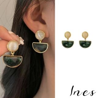 【INES】韓國設計法式復古水墨綠幾何寶石造型耳環(水墨耳環 寶石耳環)