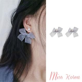 【MISS KOREA】韓國設計灰色網紗蝴蝶結珍珠造型夾式耳環 耳夾 無耳洞耳環(無耳洞耳環 耳夾 夾式耳環)