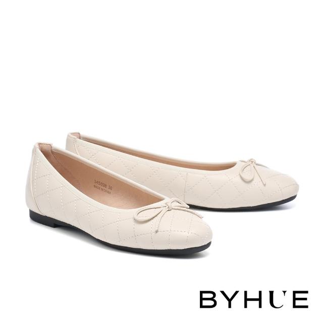 【BYHUE】簡約質感芭蕾風蝴蝶結牛皮軟芯Q底平底鞋(米白)