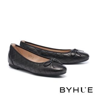 【BYHUE】簡約質感芭蕾風蝴蝶結牛皮軟芯Q底平底鞋(黑)