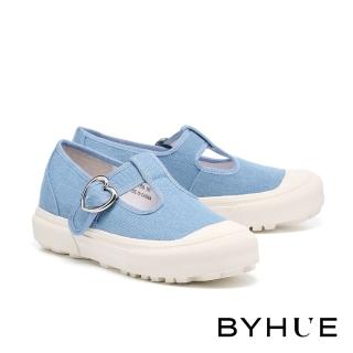 【BYHUE】率性復古牛仔布T字瑪莉珍軟芯微Q底厚底休閒鞋(藍)