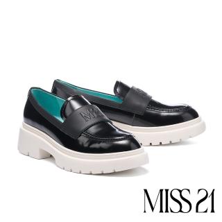 【MISS 21】微酸微澎率性異材質拼接LOGO樂福厚底鞋(黑)