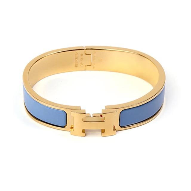 【Hermes 愛馬仕】H700001F 4H 經典Clic H LOGO琺瑯金色窄版手環(雲藍色)