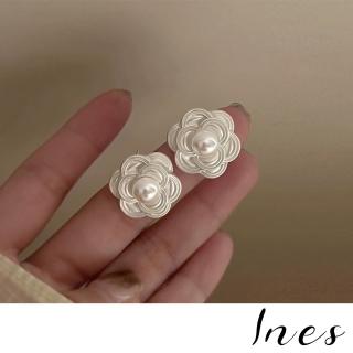 【INES】韓國設計復古高級感珍珠山茶花朵造型耳釘 耳環(珍珠耳環 山茶花耳環 花朵耳環)