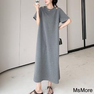【MsMore】假兩件露肩連身裙慵懶風大碼短袖長版洋裝#120814(黑/灰)