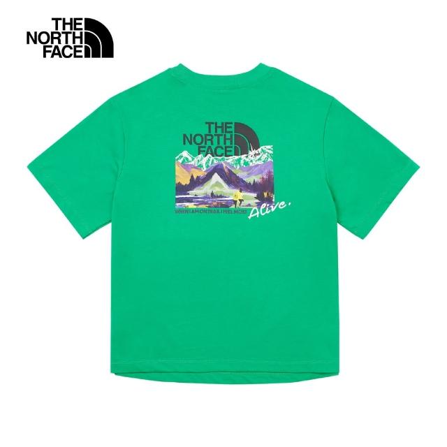 【The North Face 官方旗艦】北面女款綠色山脈印花LOGO寬鬆短袖T恤｜88G7PO8