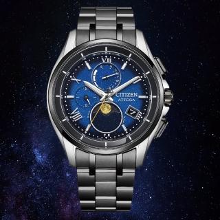【CITIZEN 星辰】GENTS 夜川月限定款月像顯示電波光動能鈦金屬男錶-藍x黑/41.5mm(BY1007-60L)