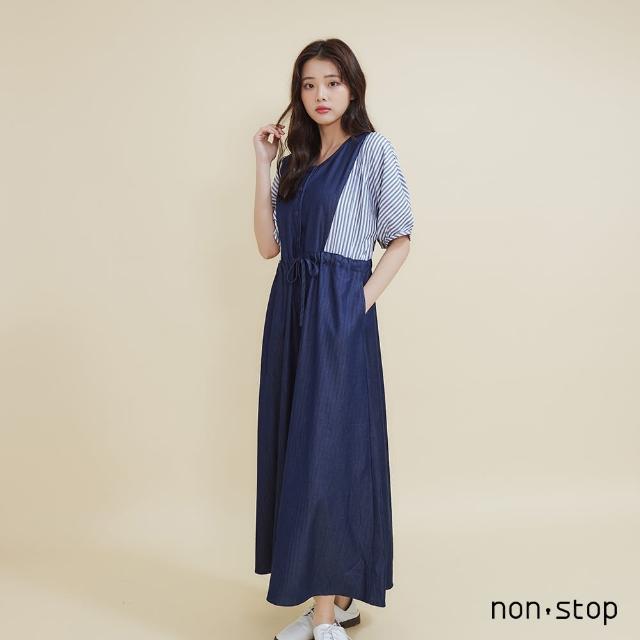 【non-stop】高腰剪裁條紋牛仔洋裝-1色