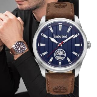 【Timberland】天柏嵐 NORTHBRIDGE系列 條紋簡約 腕錶 皮帶-藍色/咖啡色45mm(TDWGA0010203)