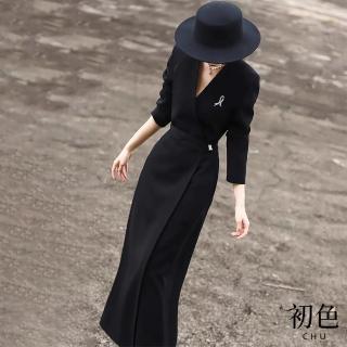 【初色】素色V領收腰顯瘦長袖西裝連衣裙長袖洋裝-黑色-32823(M-2XL可選)