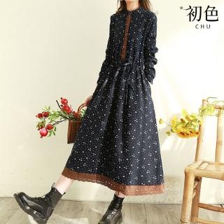 【初色】復古風碎花蕾絲雪紡連身裙洋裝-共3色-60672(M-2XL可選)