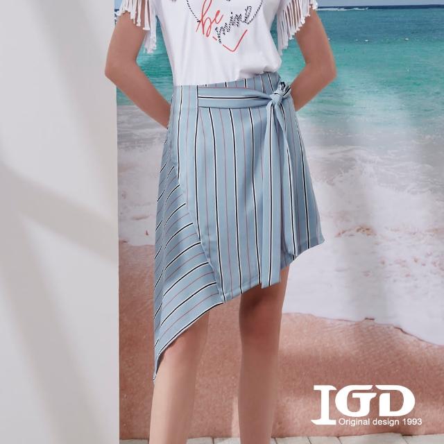【IGD 英格麗】速達-網路獨賣款-時尚條紋不對稱剪裁短裙(藍色)