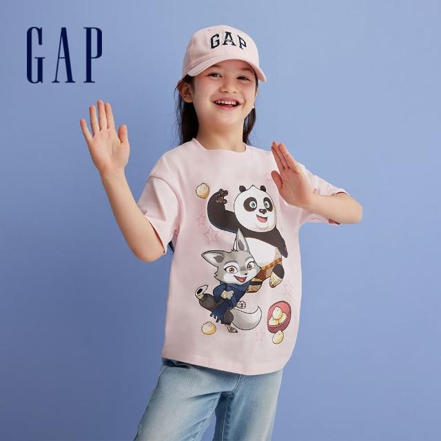 【GAP】女童裝 Gap x 功夫熊貓聯名 Logo純棉印花圓領短袖T恤-淺粉色(411793)