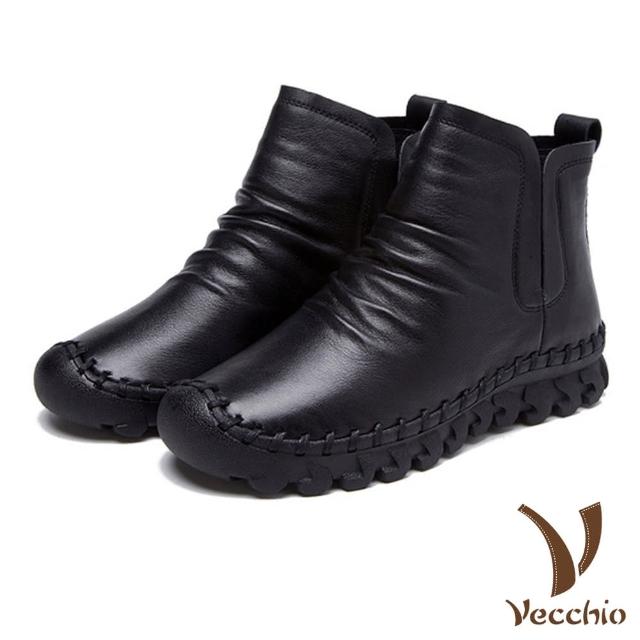 【Vecchio】真皮短靴/頭層真皮自然摺皺切爾西短靴(黑)