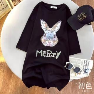 【初色】純色燙鑽兔子印花寬鬆休閒百搭圓領五分袖T恤上衣-共2色-32846(M-2XL可選)