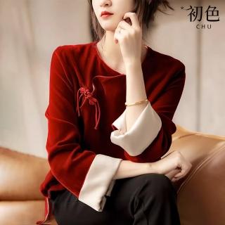 【初色】中國風復古絲絨盤扣小衫T恤上衣女上衣-紅色-32764(M-2XL可選)