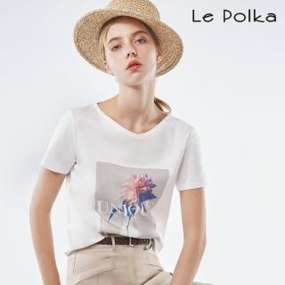 【Le Polka】Ｖ領修身玫瑰印圖Ｔ恤-女