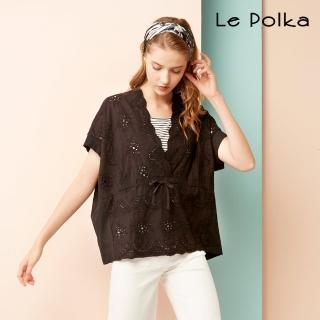 【Le Polka】寬版蕾絲拼接大V領上衣-女