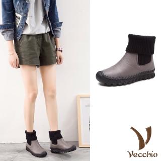 【Vecchio】真皮短靴 厚底短靴/真皮頭層牛皮多穿法設計針織襪套拼接厚底短靴(灰)
