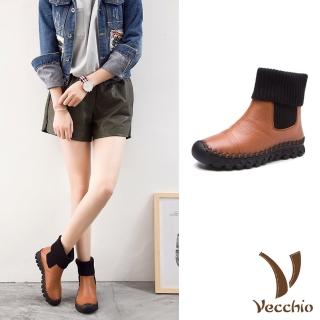 【Vecchio】真皮短靴 厚底短靴/真皮頭層牛皮多穿法設計針織襪套拼接厚底短靴(棕)