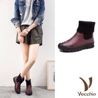 【Vecchio】真皮短靴 厚底短靴/真皮頭層牛皮多穿法設計針織襪套拼接厚底短靴(酒紅)