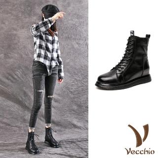 【Vecchio】真皮馬丁靴 內增高馬丁靴/全真皮頭層牛皮復古版型時尚內增高繫帶馬丁靴(黑)