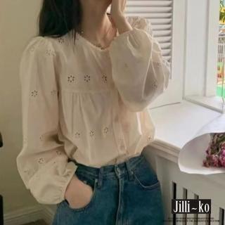 【JILLI-KO】INS風法式復古鏤空刺繡寬鬆顯瘦襯衫-F(白)