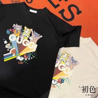【初色】彩虹萌貓印花短袖T恤上衣-共2色-32865(M-2XL可選)