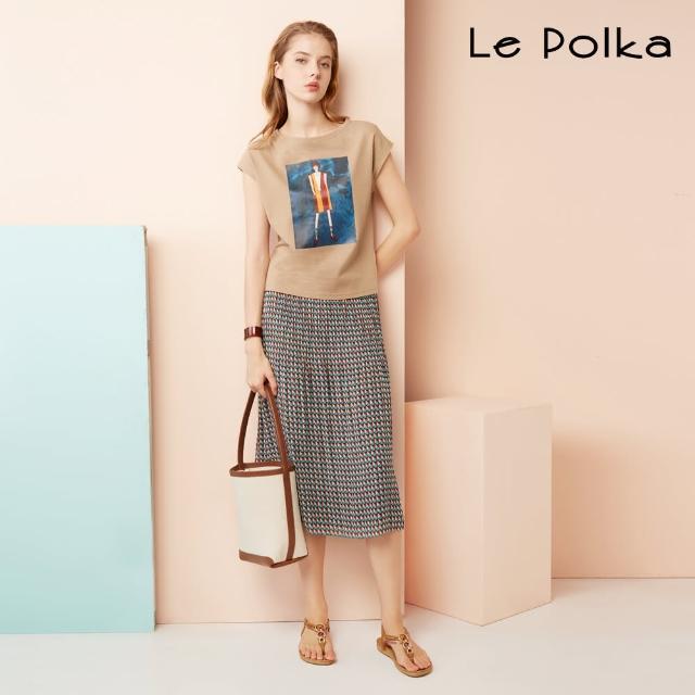 【Le Polka】輕民俗幾何印花壓摺長裙-女