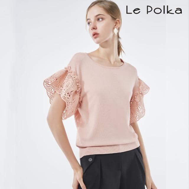 【Le Polka】優雅蕾絲荷葉針織上衣/2色-女