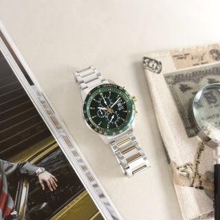 【CITIZEN 星辰】經典三眼 計時碼錶 日期 日本機芯 防水100米 不鏽鋼手錶 綠x鍍金 44mm(AN3689-55X)