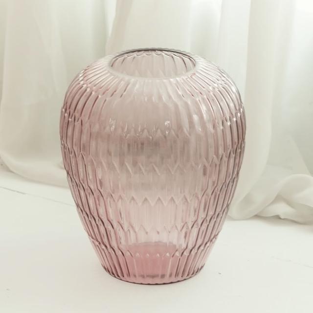 【YU Living 信歐傢居】北歐淺紫條紋玻璃花瓶 花器(高20cm/淺灰紫色)