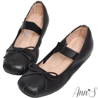 【Ann’S】風格MIU-抓皺芭蕾舞蝴蝶結 真皮牛皮平底瑪莉珍娃娃鞋(黑)