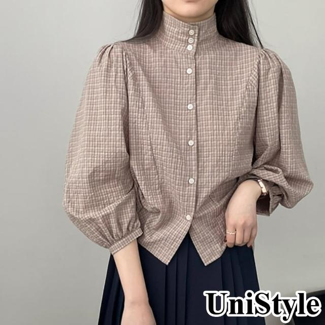 【UniStyle】格紋七分袖襯衫 韓版復古燈籠袖設計感 女 WT2365(咖格)