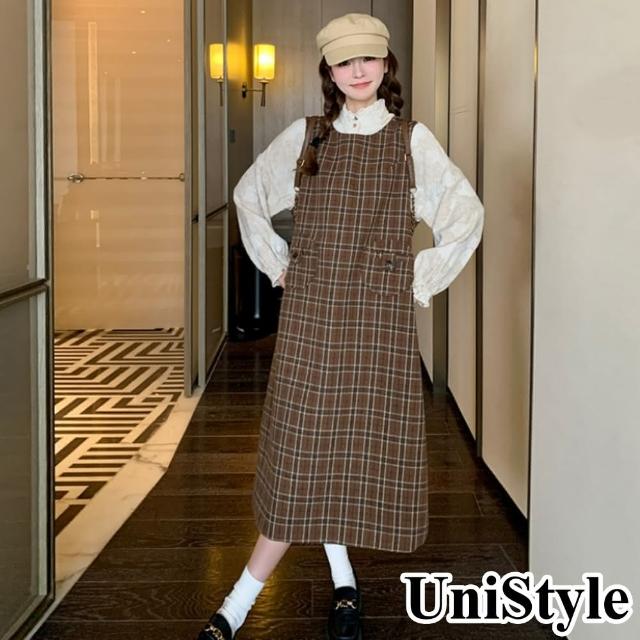 【UniStyle】2件套棉麻長袖襯衫格紋背心裙 韓系復古文青風 女 ZM262-C9920(咖啡色格子)