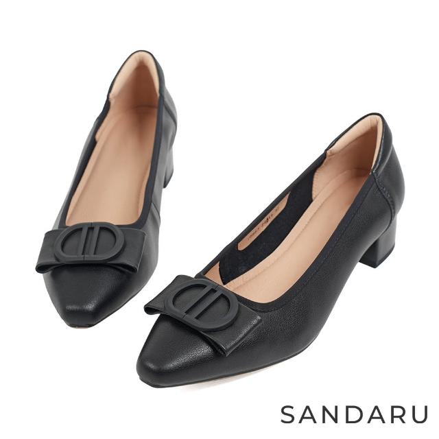 【SANDARU 山打努】跟鞋 真皮造型扣飾蝶結低跟鞋(黑)