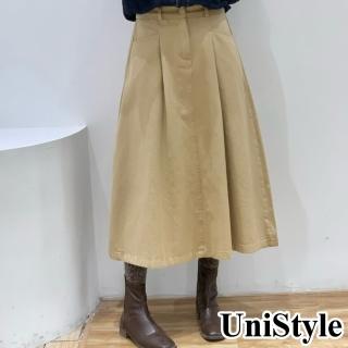 【UniStyle】顯瘦半身裙 韓版三角口袋純色休閒裙 女 UP64106(卡其)