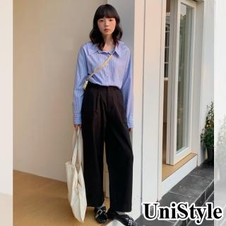 【UniStyle】折邊西裝長褲 韓版直筒休閒褲 女 EAX5231F(黑)