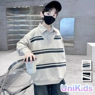【UniKids】中大童裝假兩件條紋背心長袖襯衫 韓系歐巴風 男大童裝 VP24505(黑 米)