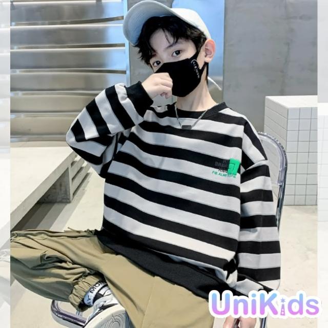 【UniKids】中大童裝長袖T恤 韓系條紋小熊 男大童裝女大童裝 VPWYA1032(黑)