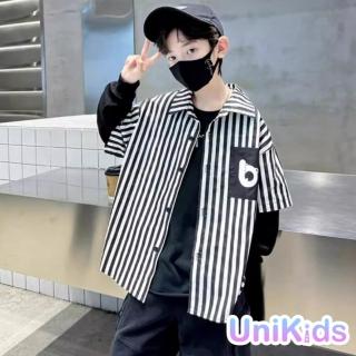 【UniKids】中大童裝長袖條紋襯衫 假兩件拼接潮流風 男大童裝 VPXY-24503(黑)