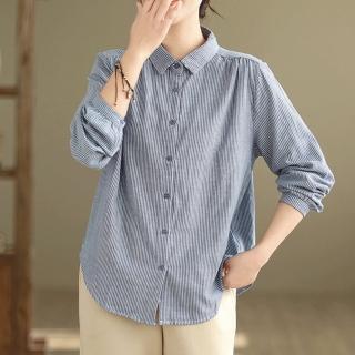 【Pure 衣櫃】雙層面紗條紋復古長袖襯衫(百搭/KDTY-8501)
