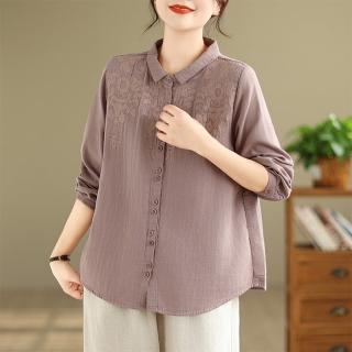 【Pure 衣櫃】雙層棉紗刺繡復古寬鬆長袖襯衫(百搭/KDTY-8399)