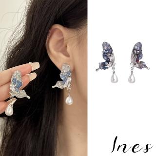 【INES】S925銀針耳環 珍珠耳環/韓國設計S925銀針復古水晶蝴蝶水滴珍珠造型耳環(2色任選)