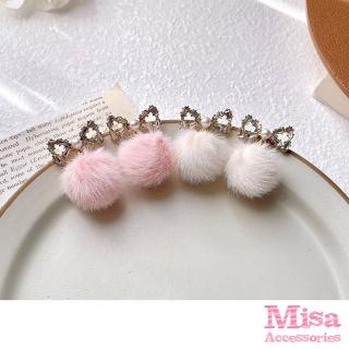 【MISA】S925銀針耳環 毛球耳環/韓國設計S925銀針方晶珍珠蝴蝶結毛球造型耳環(2色任選)