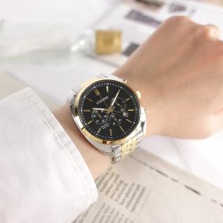 【CITIZEN 星辰】經典商務 三眼計時 日期 不鏽鋼手錶 黑x鍍金 42mm(AN8214-55E)