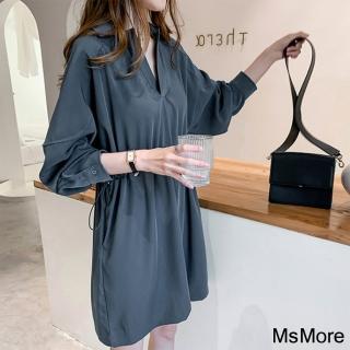 【MsMore】新款大碼長袖氣質收腰連身裙減齡V領短版洋裝#120871(黑/寶藍)