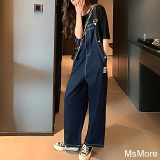 【MsMore】大碼時髦設計感工裝牛仔連體褲寬鬆背帶長褲#120870(藍)