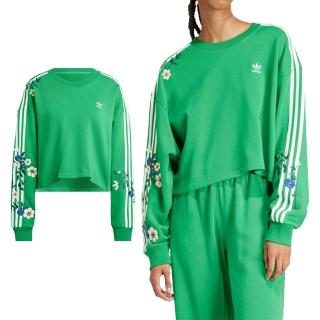 【adidas 愛迪達】Floral Sweat 女款 綠色 休閒 刺繡 花 圓領 上衣 長袖 IU2513