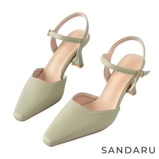 【SANDARU 山打努】跟鞋 法式尖頭荔枝紋皮革繞踝高跟鞋(綠)